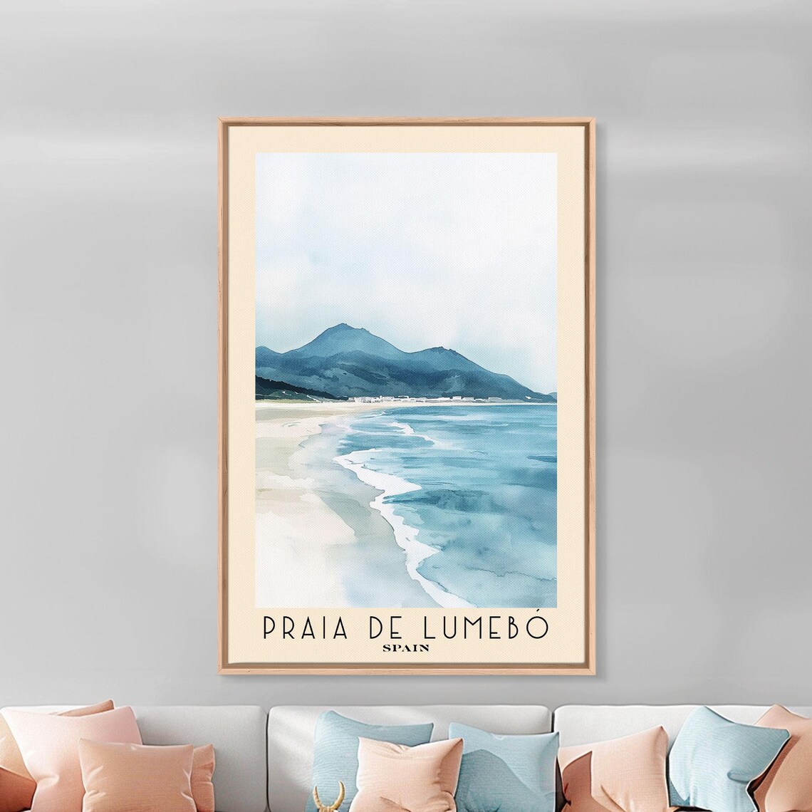 Praia de Lumebo Spain Misty Mountain Shore Minimal Watercolor Travel Poster - Image 3