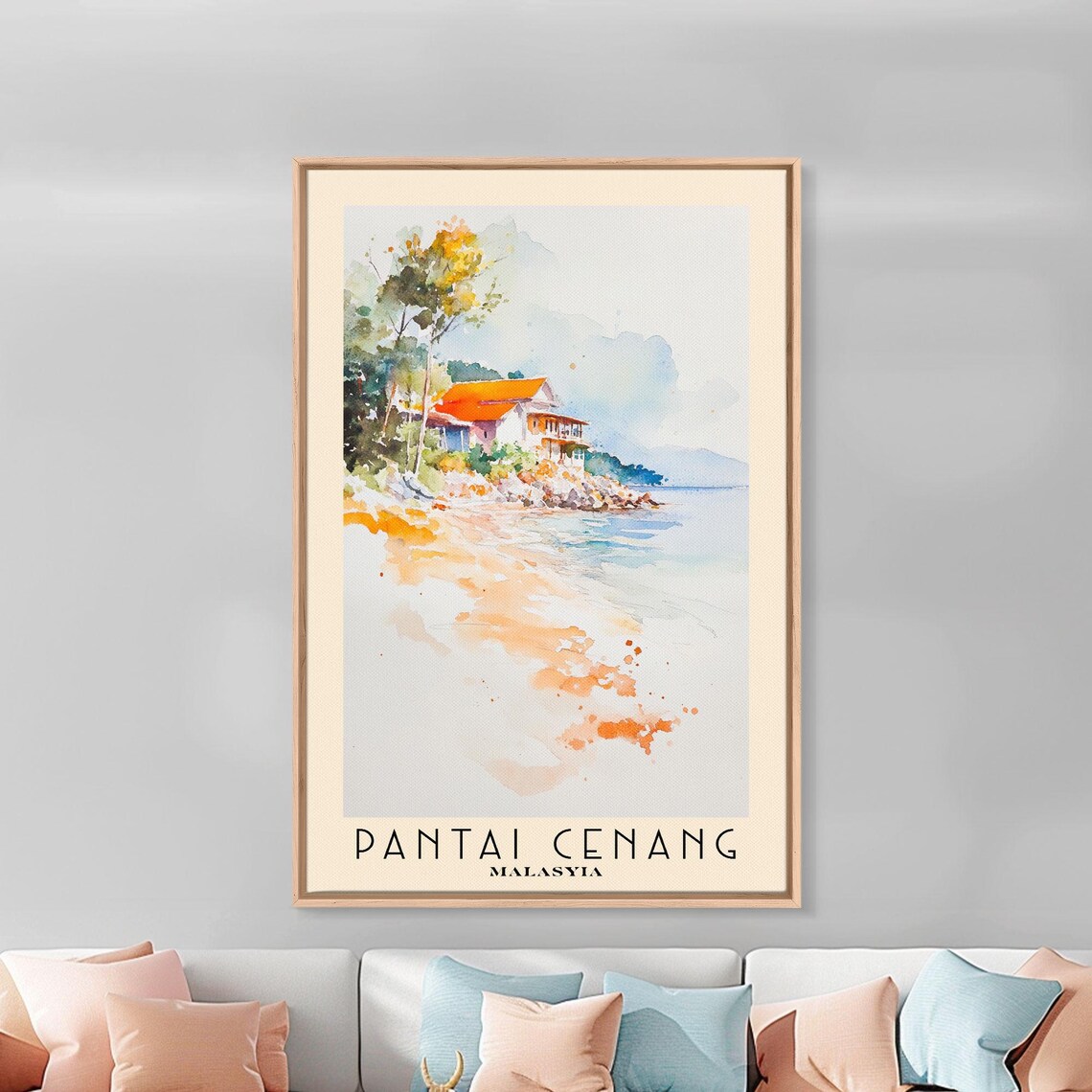 Pantai Cenang Malaysia Red Roof Beach House Watercolor Coastal Poster - Image 3