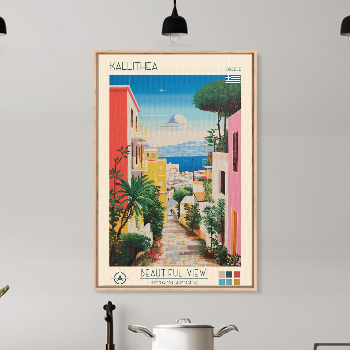 Kallithea Greece Colorful Lane Palm Trees Blue Bay View Poster