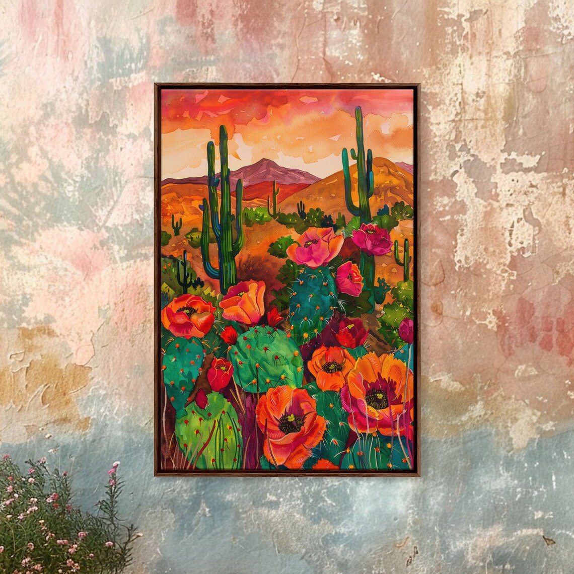Southwest Desert Landscape With Cacti And Flowers Art Print - Image 2