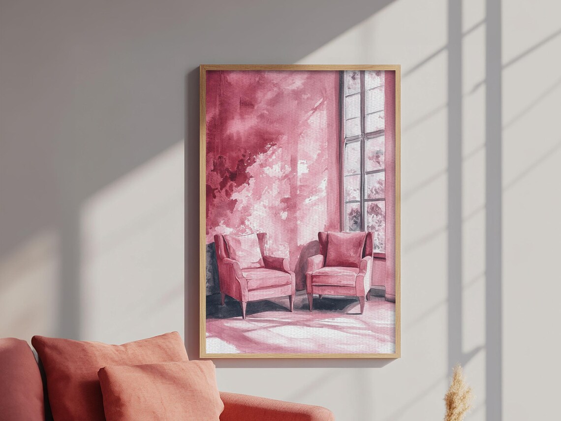 Pink Armchairs By Window Cozy Watercolor Interior Reading Nook Art - Image 3