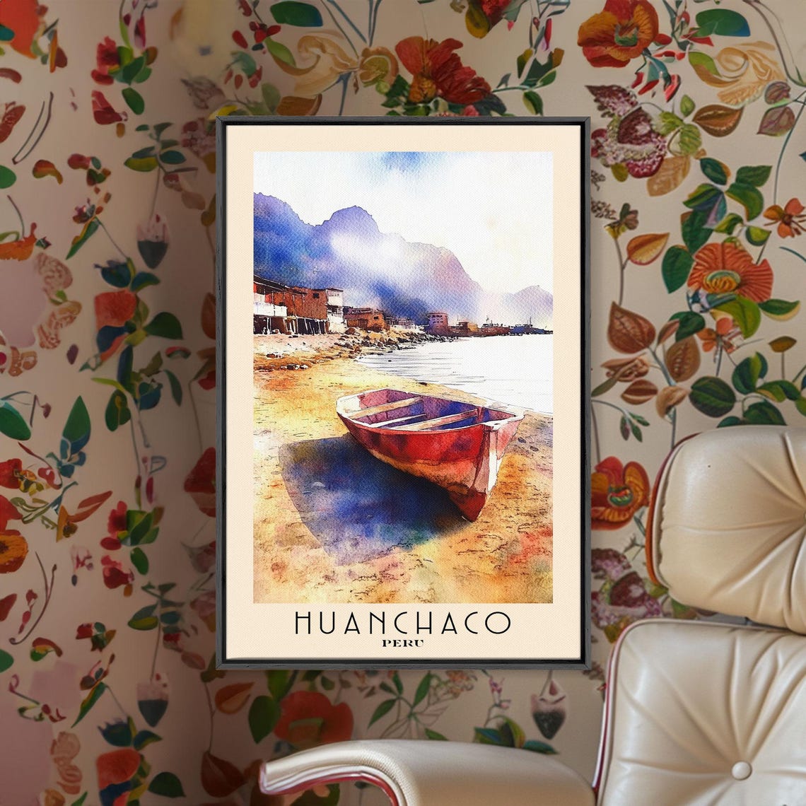 Huanchaco Peru Red Fishing Boat Sandy Shore Mountain Backdrop Poster - Image 2