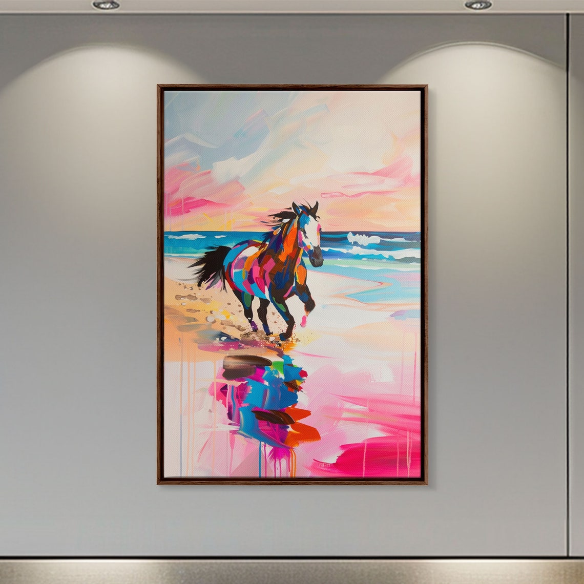 Vibrant Colorful Horse Galloping On Beach At Sunset Art Poster