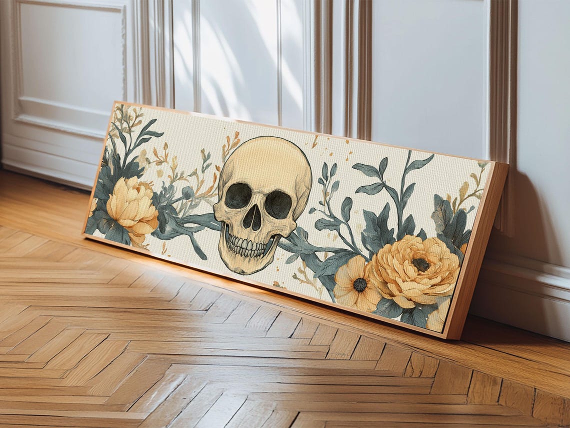 Skull With Vintage Floral Botanical Cream Peony Autumn Decor Poster