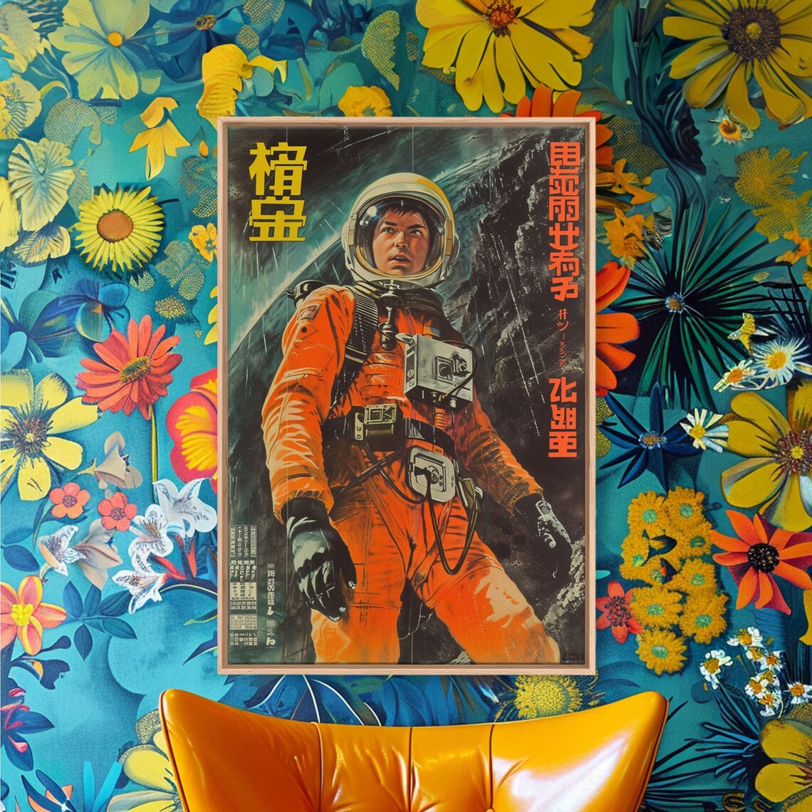 Japanese Astronaut Movie Poster Orange Spacesuit Walking on Moon Art - Image 3