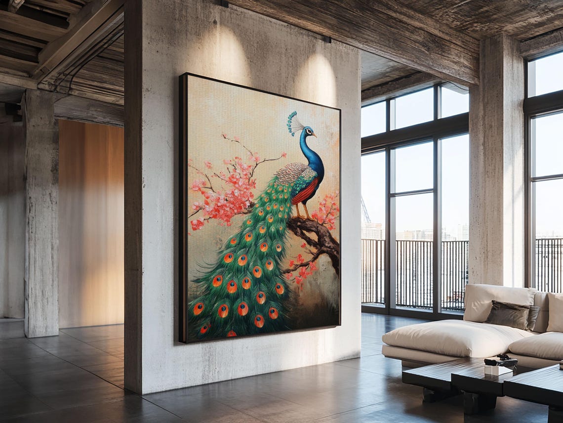 Peacock On Cherry Blossom Branch Chinoiserie Elegant Oriental Print - Image 4