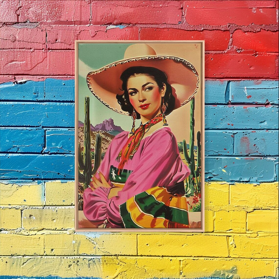 Latina Cowgirl With Cactus Background, Retro Print - Image 3