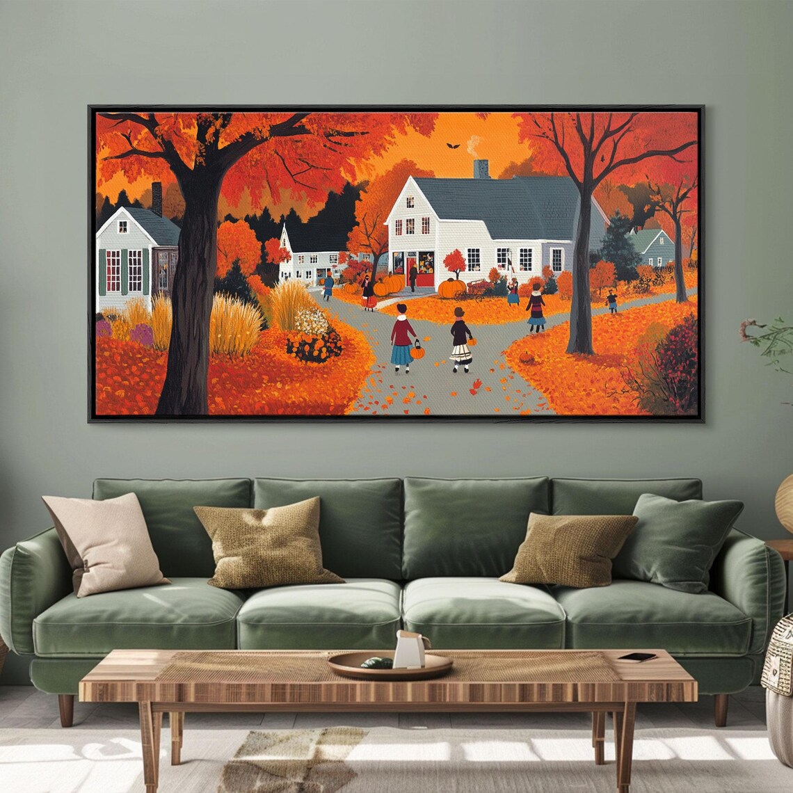 Folk Art Autumn Village Children Pumpkins Orange Trees Fall Poster