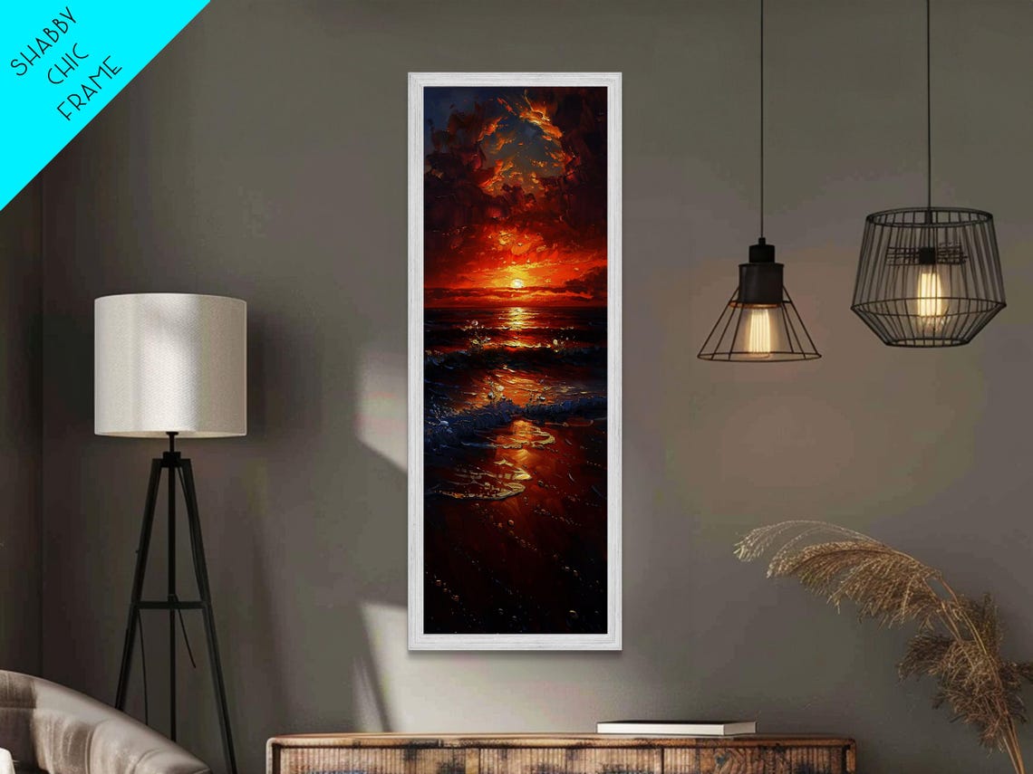 Fiery Sunset Beach Ocean Reflection Dramatic Waves Wall Print