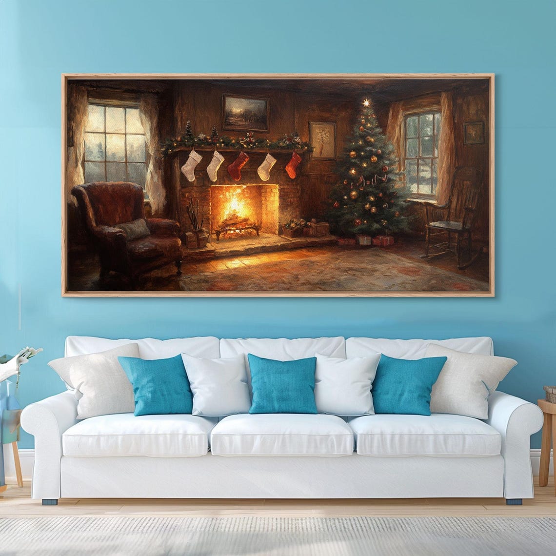 Christmas Fireplace Stockings Tree Leather Chair Vintage Wall Art
