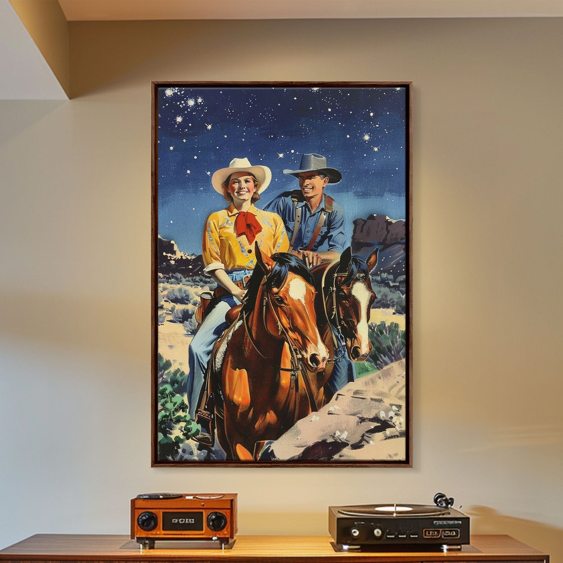 Vintage Western Couple Riding Horses Under Starry Sky Art Poster - Image 4