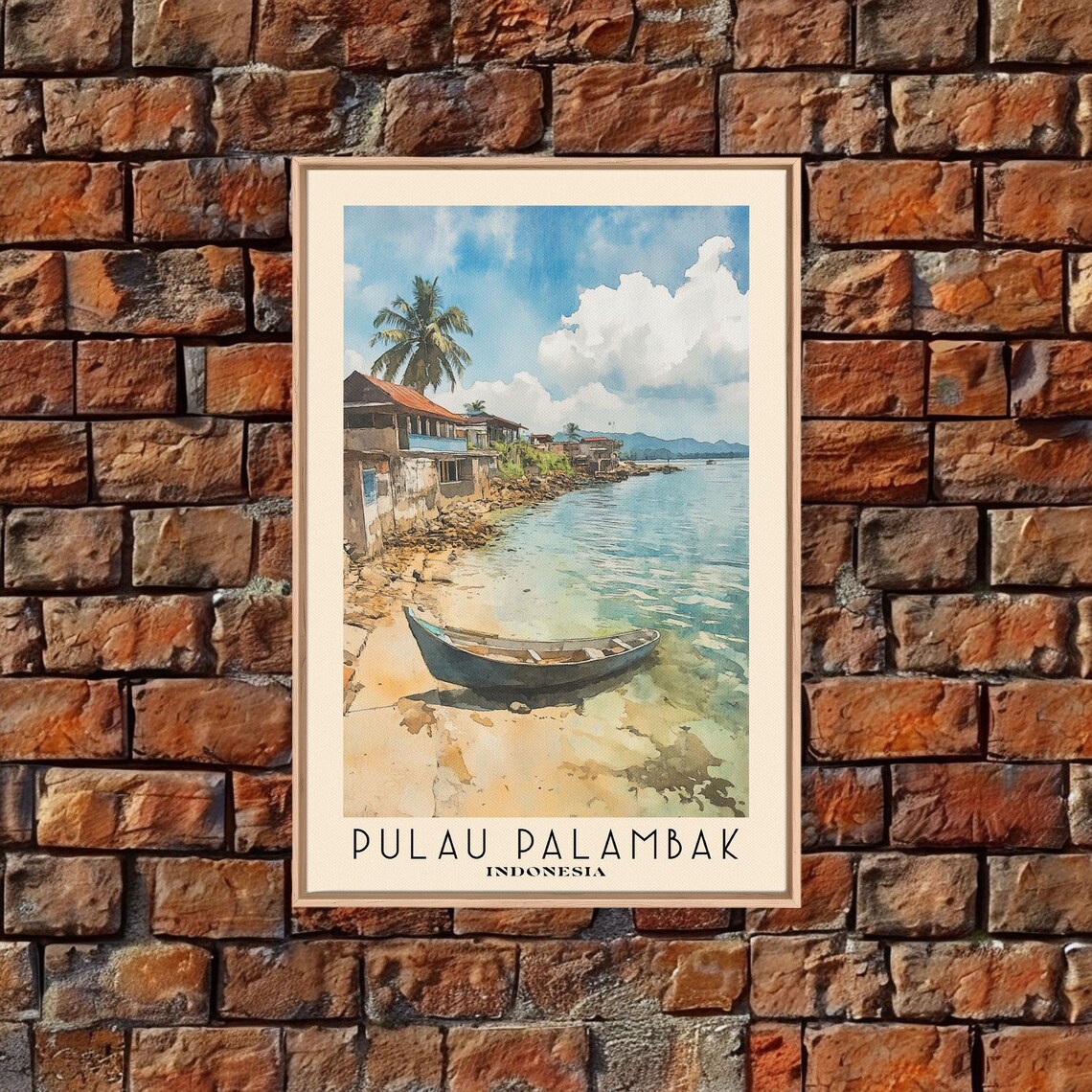 Pulau Palambak Indonesia Wooden Boat Shallows Stilt Houses Palm Shore Watercolor Poster - Image 4