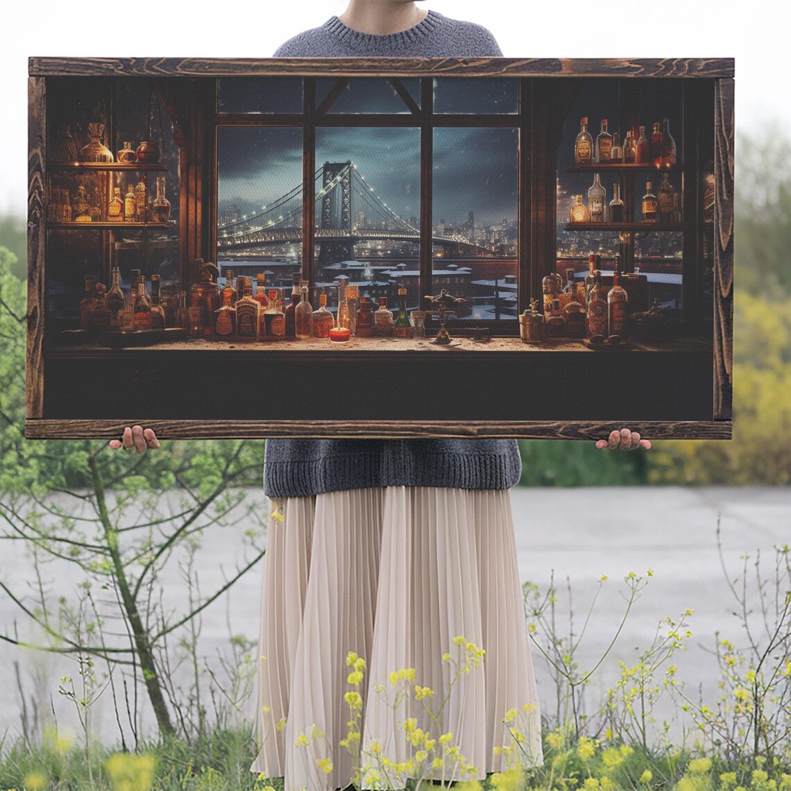 Vintage Night Bar Bottles Bridge City Lights Oil Painting Wall Art - Image 2