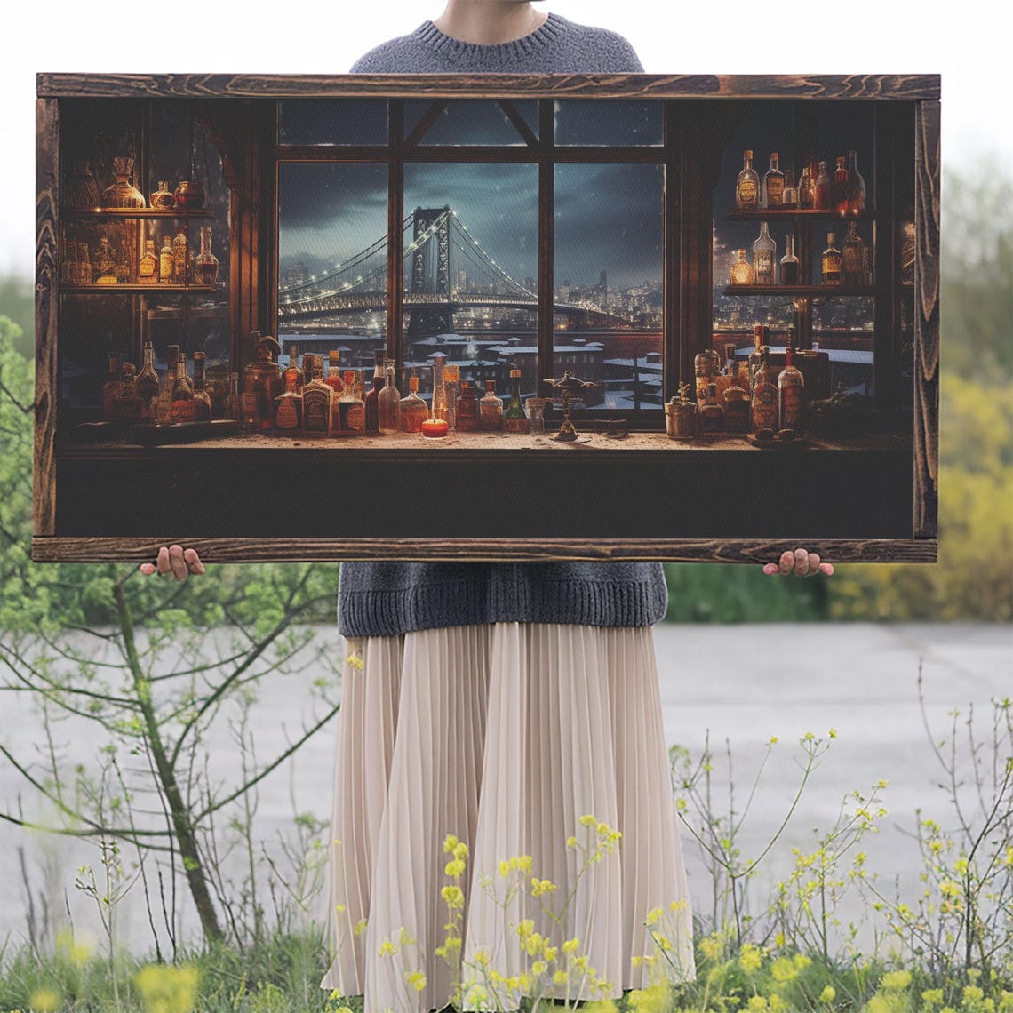 Winter Bar Decor Framed Print Oil Painting Of A Vintage Bar In An Industrial Loft Winter Centerpiece Winter Decor Bar Cart Art - Image 2