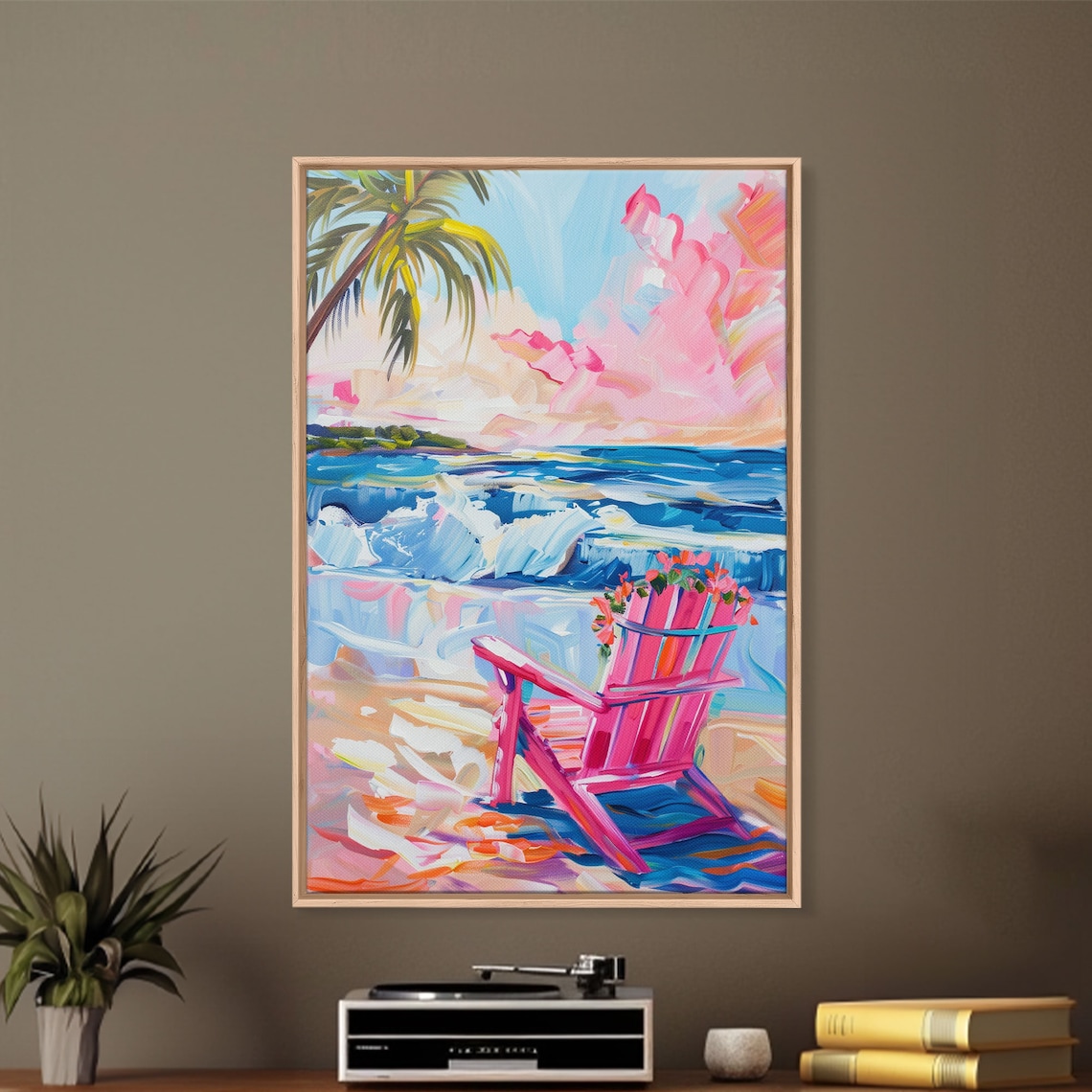 Vibrant Beach Scene With House and Palm Trees Art Print - Image 5