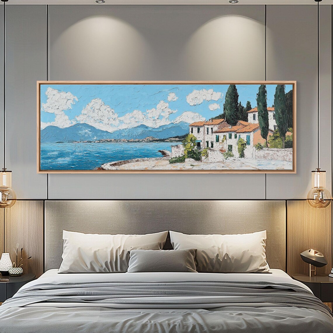 Italian Lake Coastal Villa Cypress Trees Impressionist Oil Travel Poster - Image 3