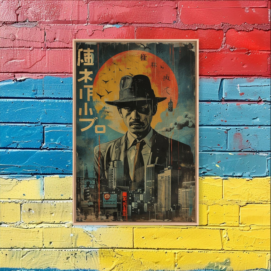 Japanese Noir Detective Fedora Red Sun Tokyo Skyline Vintage Poster - Image 2