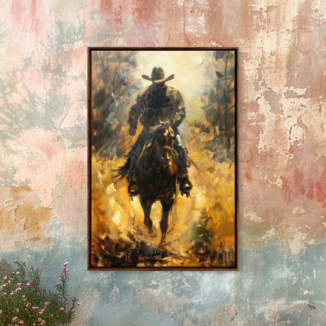 Cowboy Riding Into Golden Light In Impressionist Western Art Poster