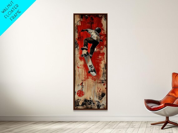 Skateboarder Print Red And Black Urban Wall Art Graffiti Inspired Vertical Artwork Gift Idea For Living Room Or Teen Bedroom