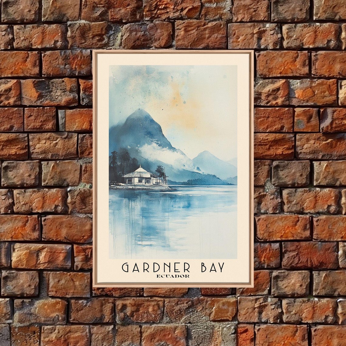 Gardner Bay Ecuador Misty Blue Bay Volcano Peak Watercolor Poster - Image 5