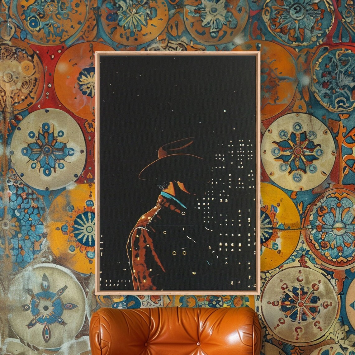 Cowboy Silhouette Against City Lights At Night Urban Western Poster