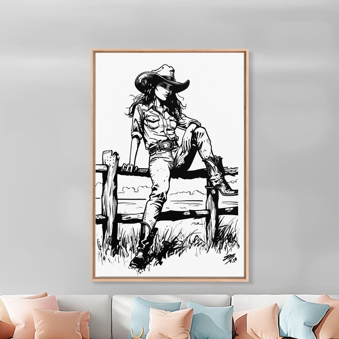 Cowgirl Sitting Fence Black White Line Art Western Ranch Wall Print - Image 5