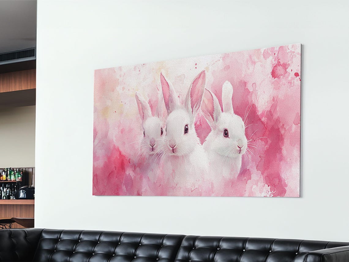 Three White Bunnies On Pink Watercolor Cute Rabbit Nursery Poster - Image 4