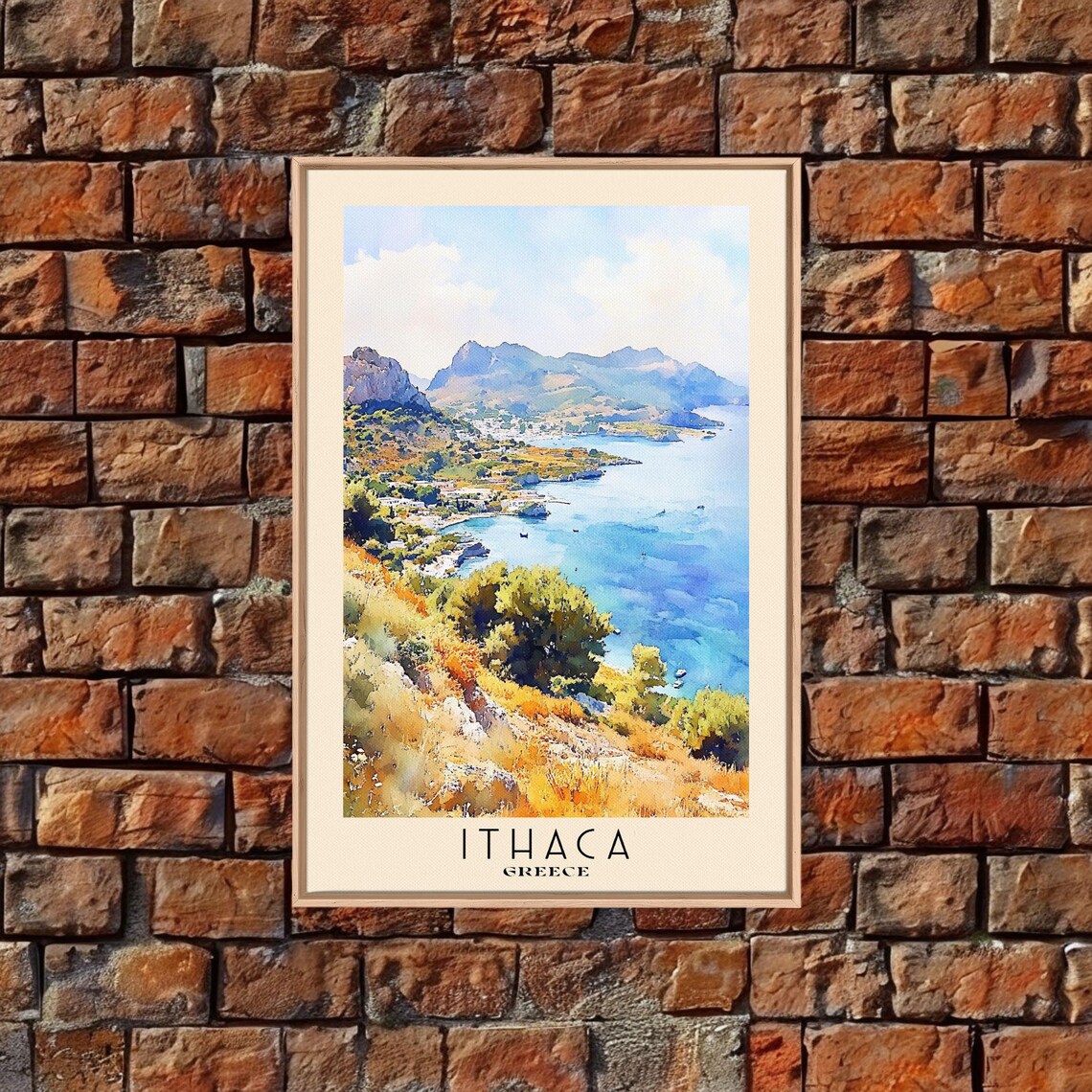 Ithaca Greece Bay Hillside Golden Autumn Coast Watercolor Travel Poster - Image 5