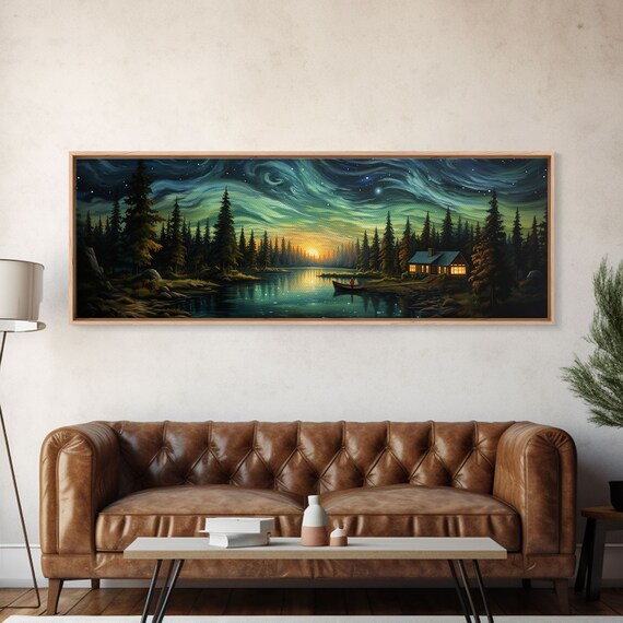 Van Gogh Inspired Starry Night Farmhouse Painting Lake Pine Forest Swirling Sky Poster