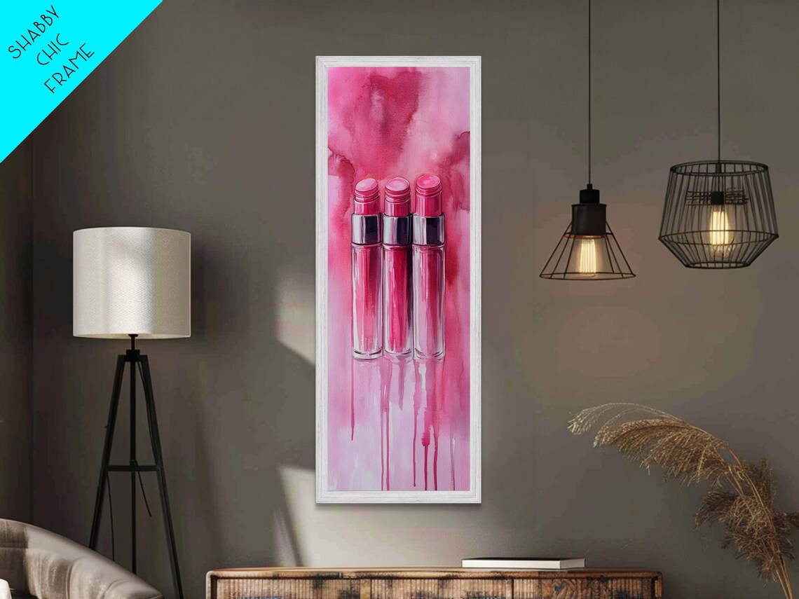 Hot Pink Lipsticks Trio Glam Fashion Watercolor Wall Art Poster - Image 2