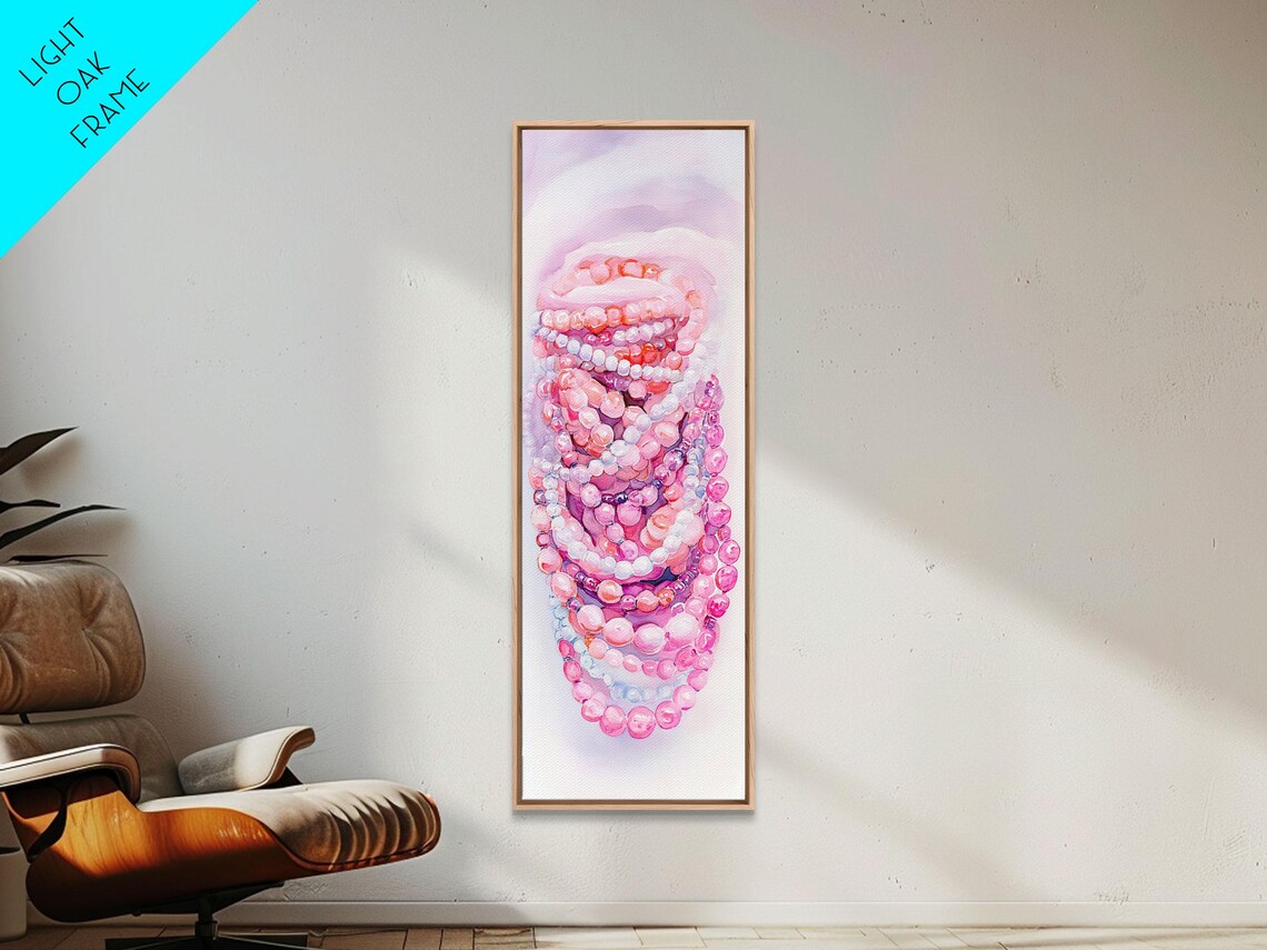 Pink Pearl Beads Watercolor Jewelry Necklace Still Life Wall Art - Image 2
