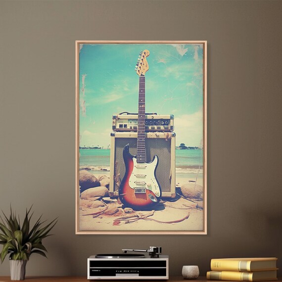 Sunburst Electric Guitar And Amp Stack On Rocky Beach Music Wall Poster
