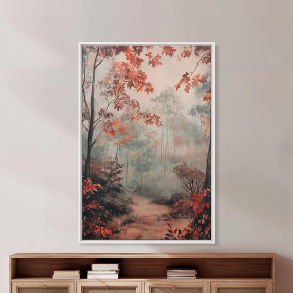 Framed Print Of Autumn Pathway With Red Leaves Seasonal Wall Art Best Gift Idea Modern Farmhouse Fall Decor Moody Landscape