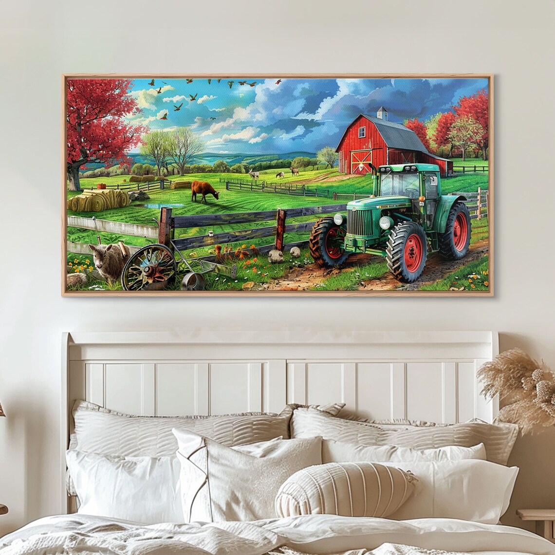 Green Tractor Red Barn Pasture Cows Country Farm Landscape Art Poster - Image 4