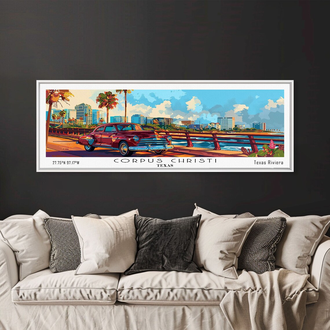 Corpus Christi Texas Bayfront Vintage Red Car Harbor View Travel Poster - Image 2