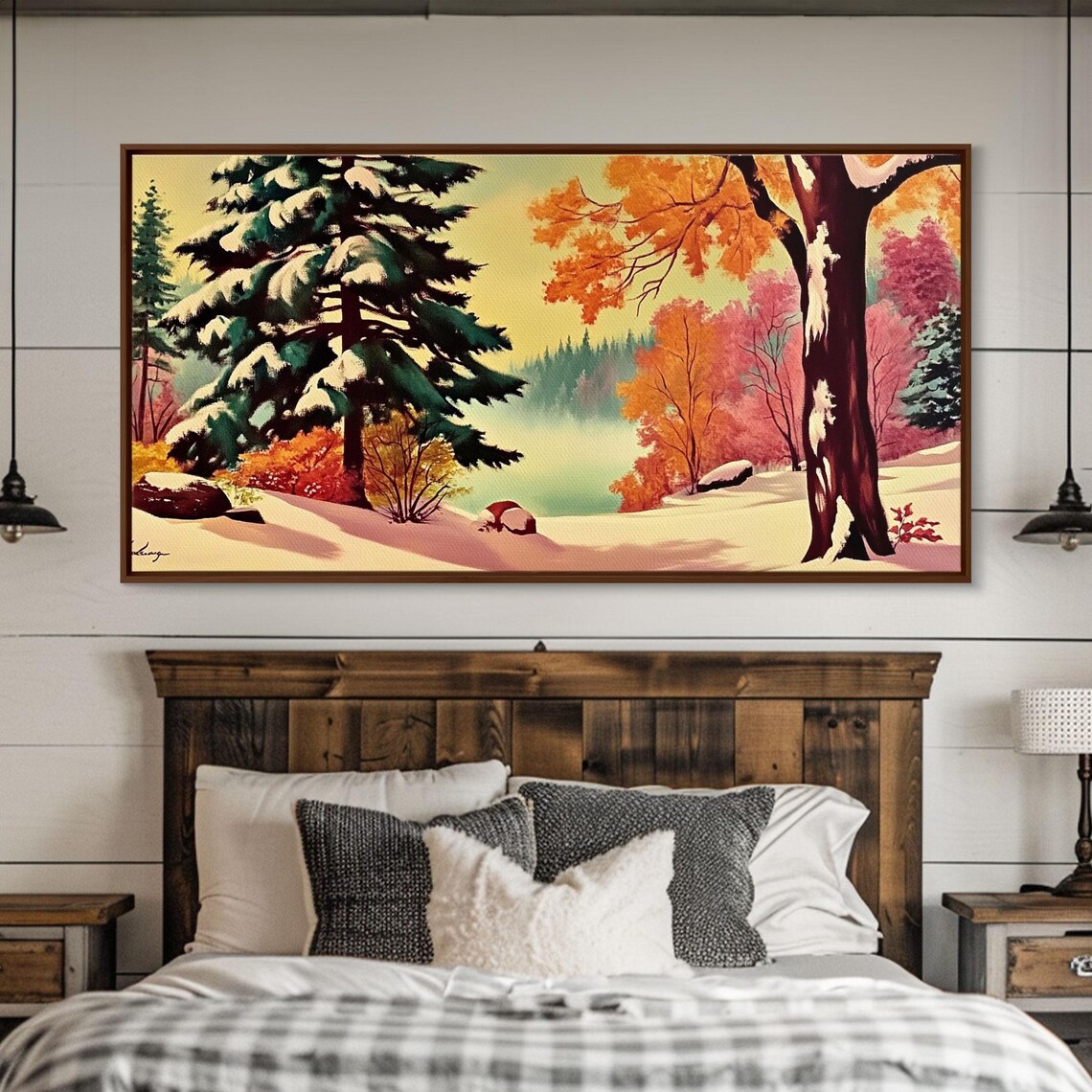 Retro 1950s Winter Landscape Snowy Pines Colorful Autumn Lake Poster - Image 4