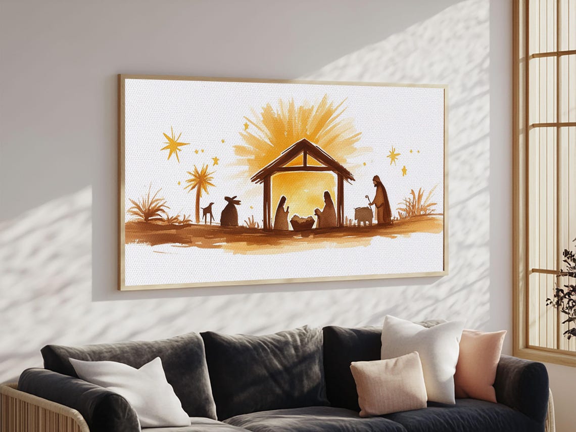 Minimalist Golden Nativity Silhouette Watercolor Christmas Wall Art - Image 3