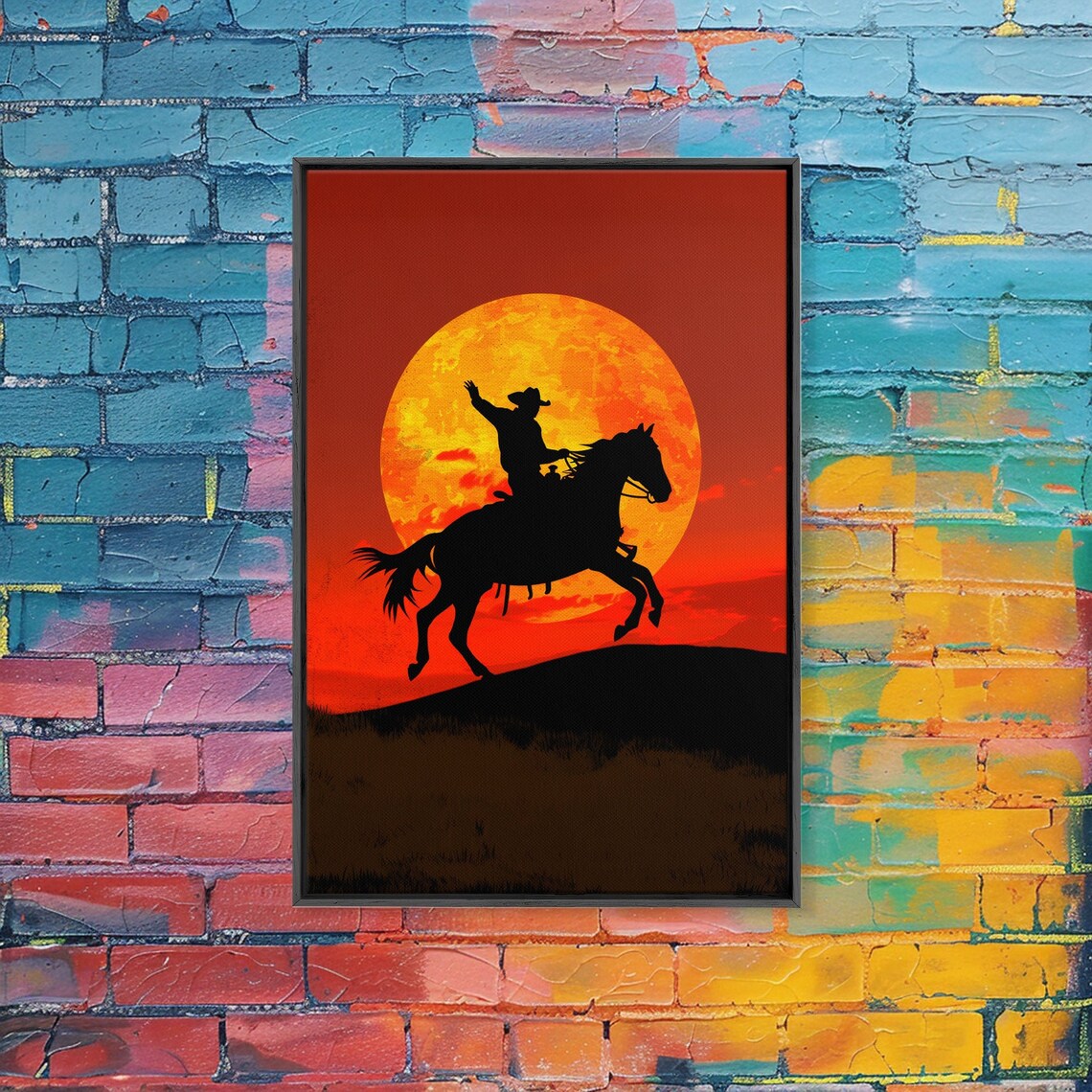 Cowboy Silhouette Galloping Horse Giant Orange Moon Wall Art - Image 2