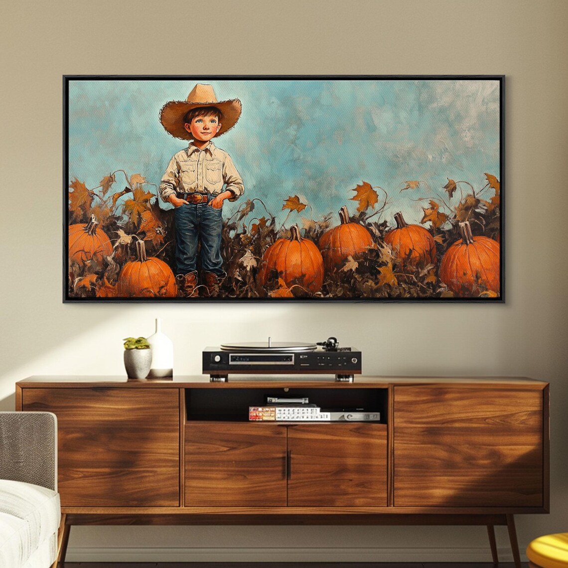 Little Cowboy In Big Hat Standing Among Pumpkins Fall Patch Retro Poster - Image 3
