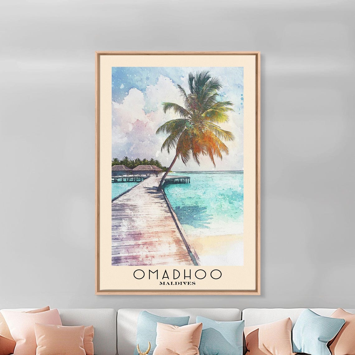 Omadhoo Maldives Leaning Palm Pier Turquoise Lagoon Watercolor Poster - Image 3