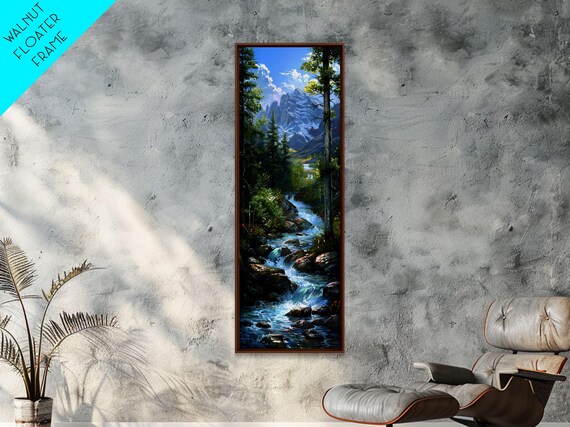 Majestic Mountain Stream In A Serene Forest Landscape Farmhouse And Minimalist Art Style Boho Wall Art In Tall Print