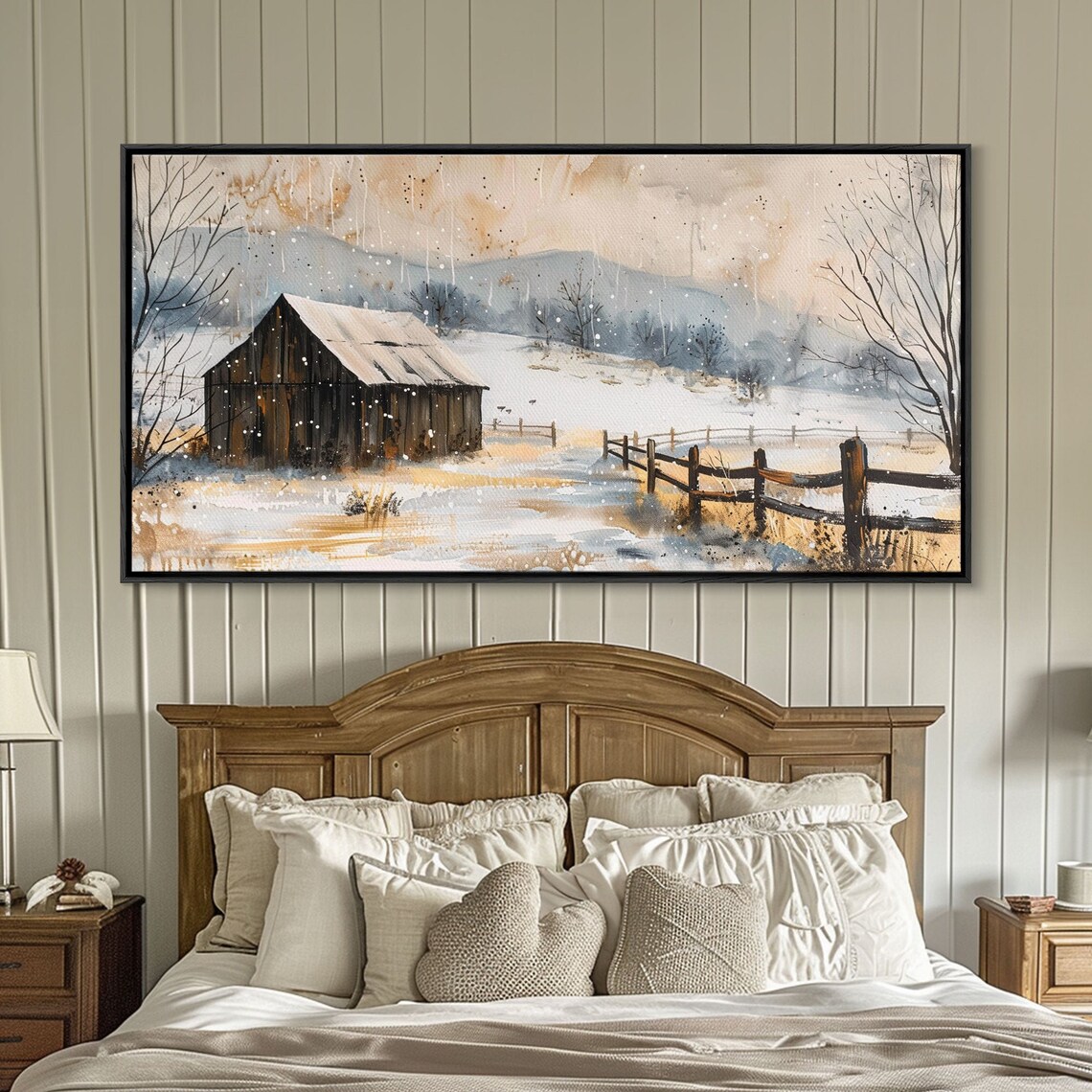 Snowy Barn In Winter Field, Rustic Farmhouse Art Print - Image 2
