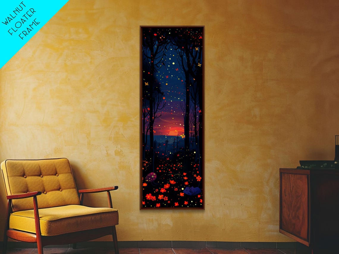 Starry Night Forest With Glowing Fireflies And Red Blooms Art Poster - Image 6