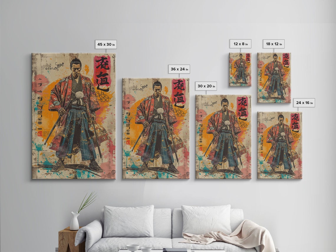 Japanese Samurai in Red Kimono Poster with Two Swords Ukiyo E Style - Image 2