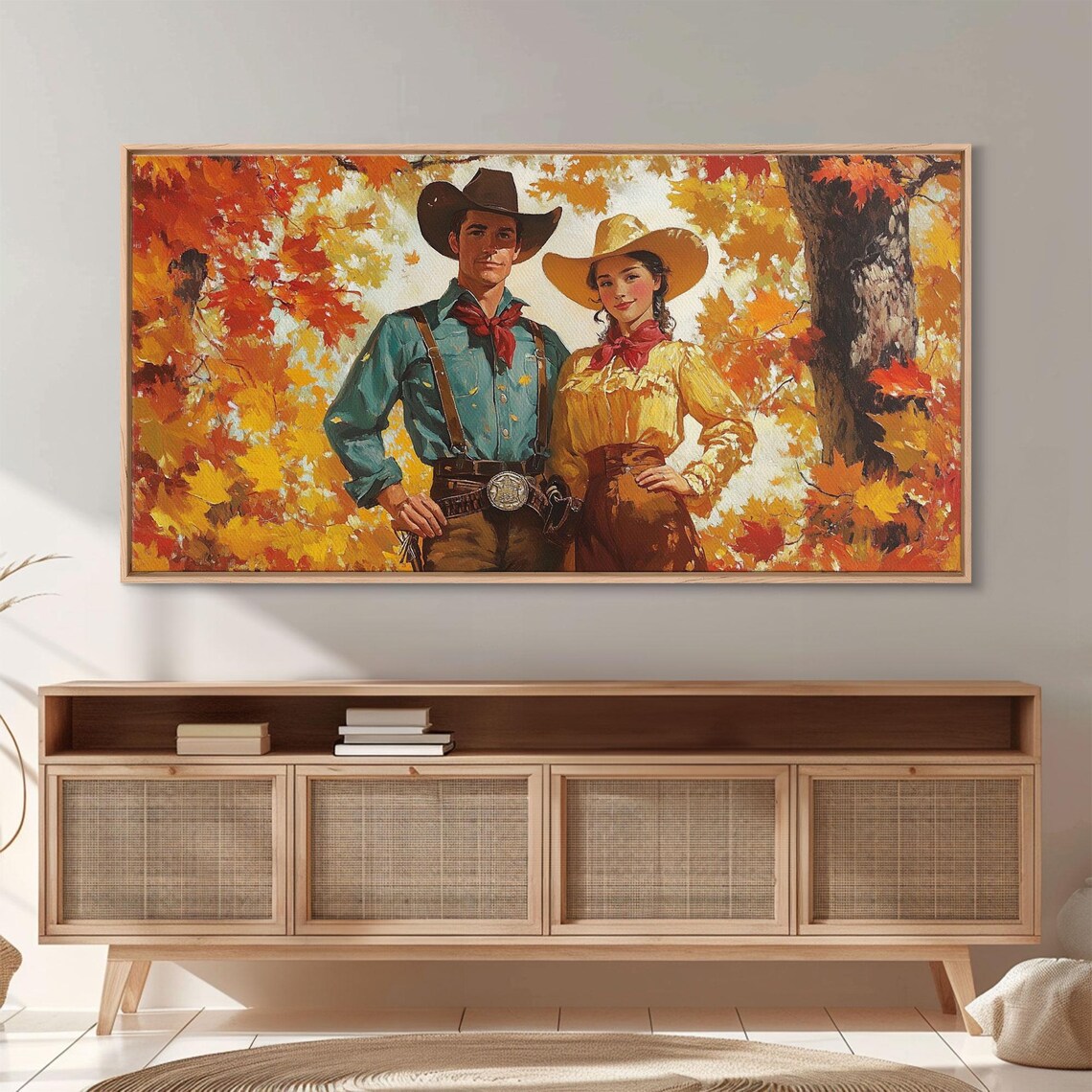 Vintage Cowboy Cowgirl Couple Portrait Among Golden Fall Leaves Poster - Image 5