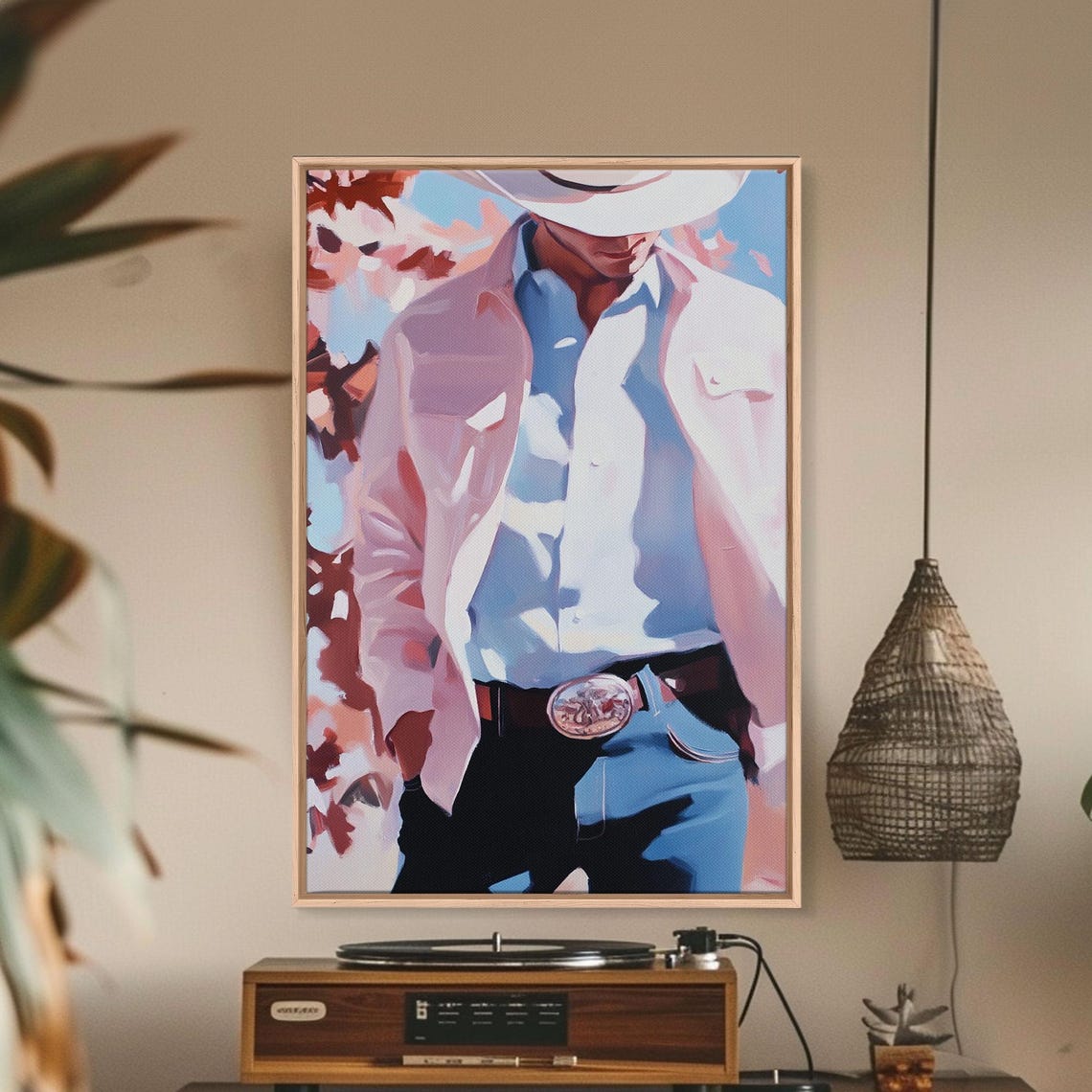 Modern Cowboy Portrait White Hat Pink Jacket Fall Leaves Art Print - Image 2