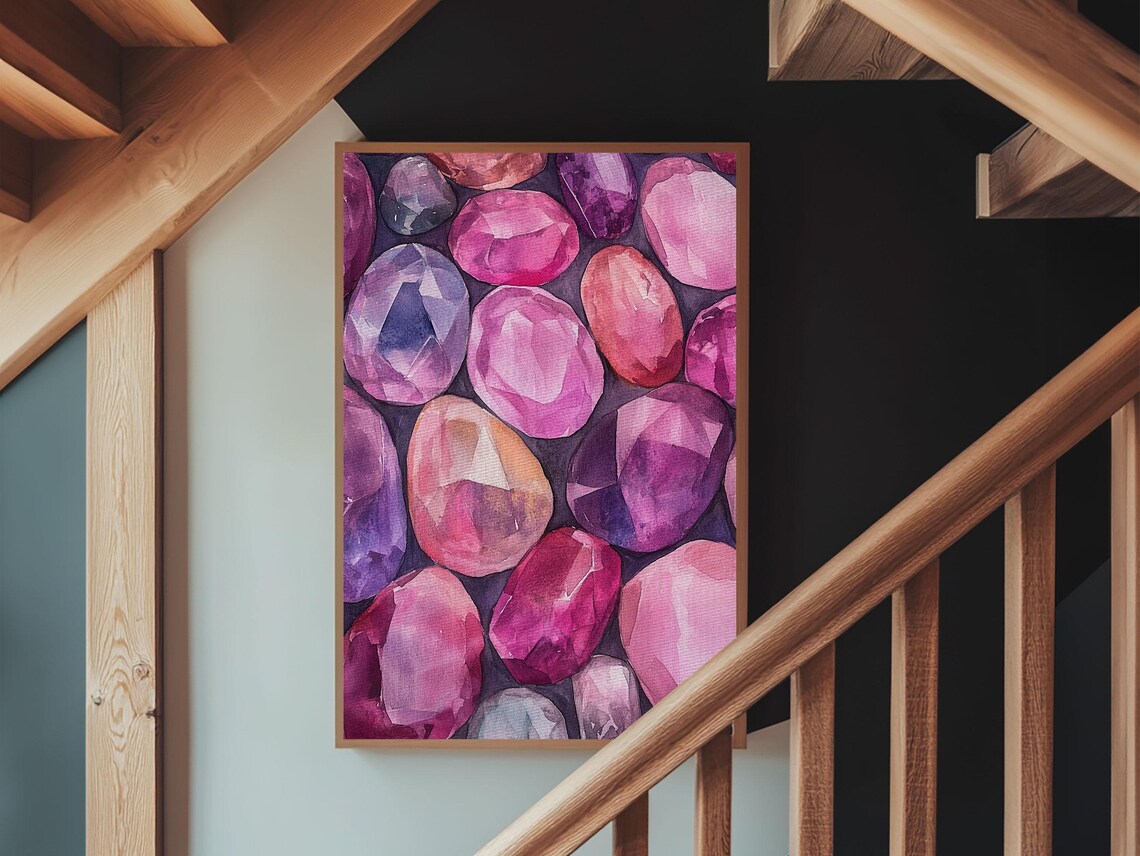 Vibrant Pink Gemstone Faceted Crystal Watercolor Art Wall Poster - Image 5
