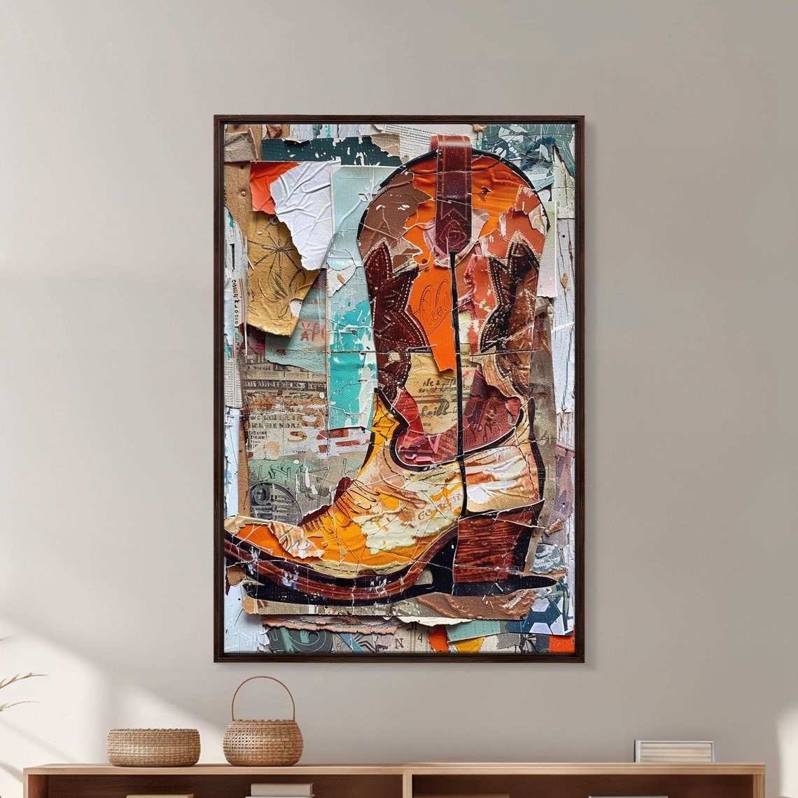 Cowboy Boot Paper Collage Mixed Media Orange Teal Western Wall Art - Image 4