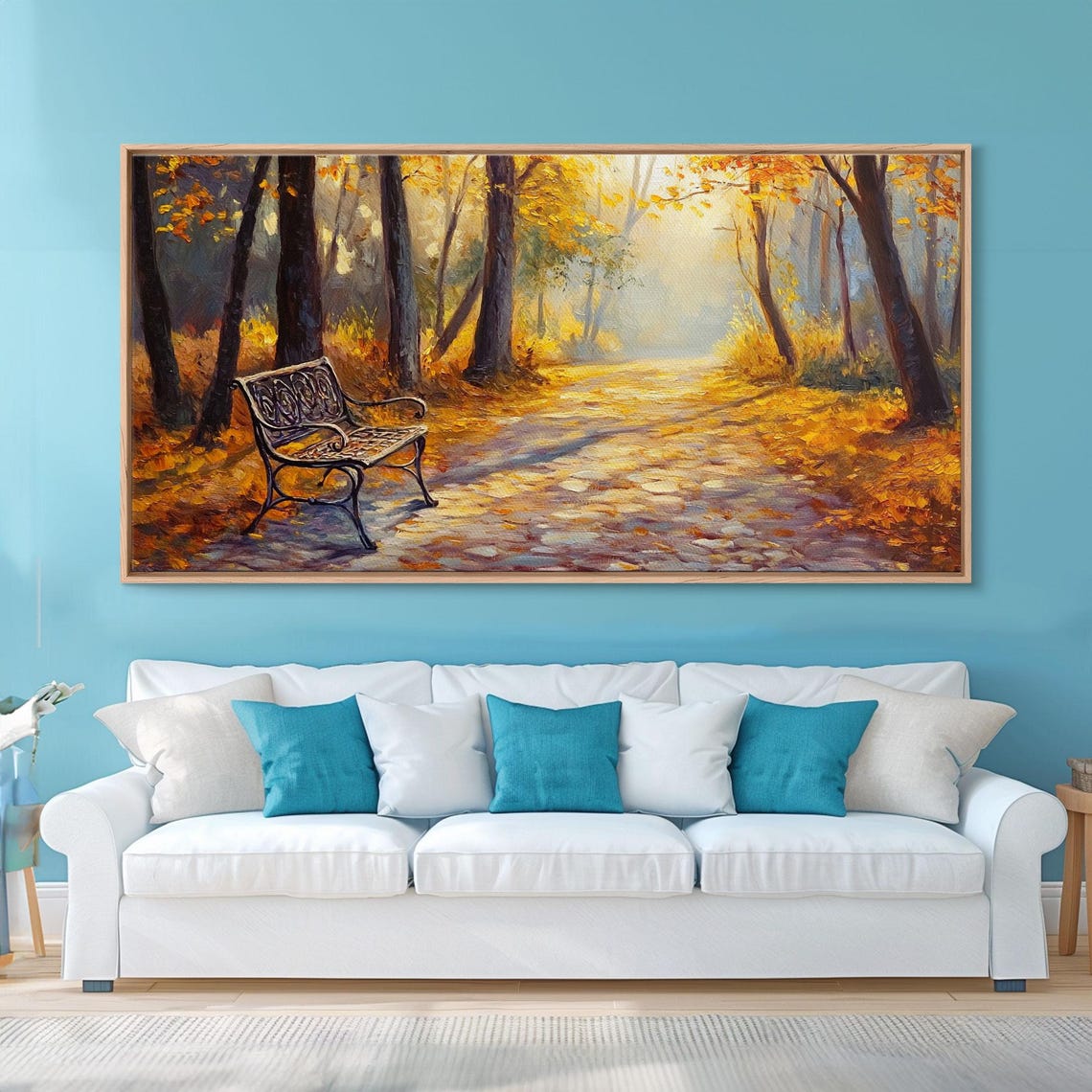 Golden Autumn Park Path Iron Bench Sunlight Fall Painting Print - Image 2