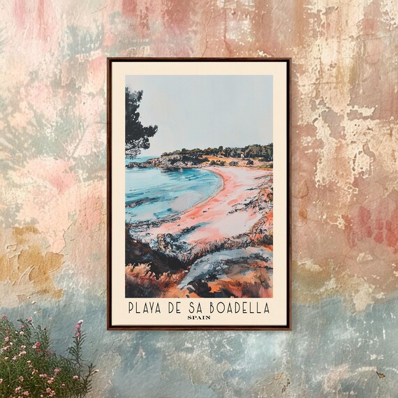 Playa de Sa Boadella Spain Pink Cove Teal Water Watercolor Travel Poster
